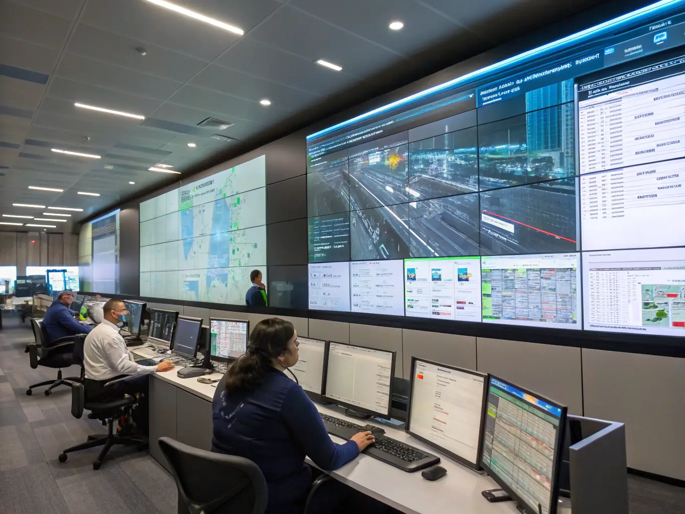 A photograph of a modern logistics control center with large screens displaying real-time tracking data of shipments across the globe. The atmosphere is professional and technologically advanced.