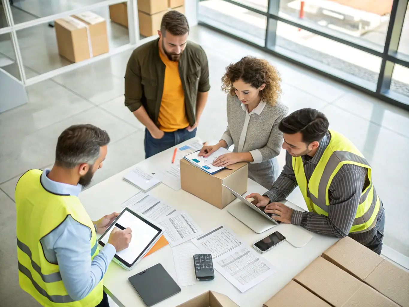 An image showing a diverse team of logistics professionals collaborating in a modern office environment, reviewing shipping documents and discussing strategies. The scene conveys expertise and teamwork.