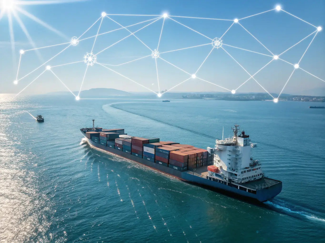 A digital illustration depicting a cargo ship at sea with containers, overlaid with a network of interconnected nodes representing a global supply chain. The color palette is modern and professional, emphasizing efficiency and connectivity.