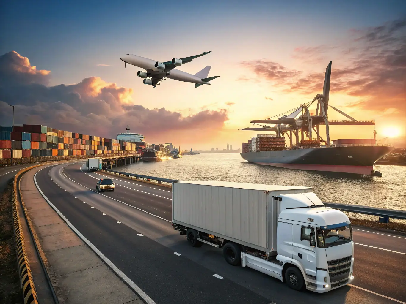 An image showing a cargo ship and trucks with a map overlay illustrating global shipping routes, symbolizing end-to-end import logistics services.