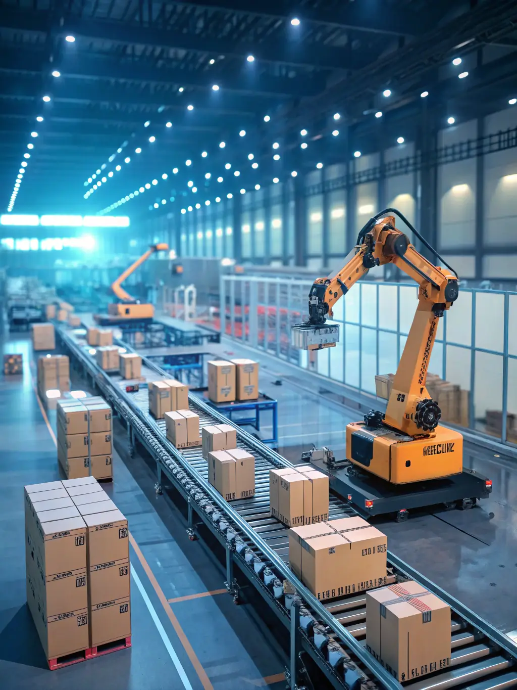 A well-organized warehouse with forklifts moving pallets of goods, showcasing efficient inventory management and distribution.