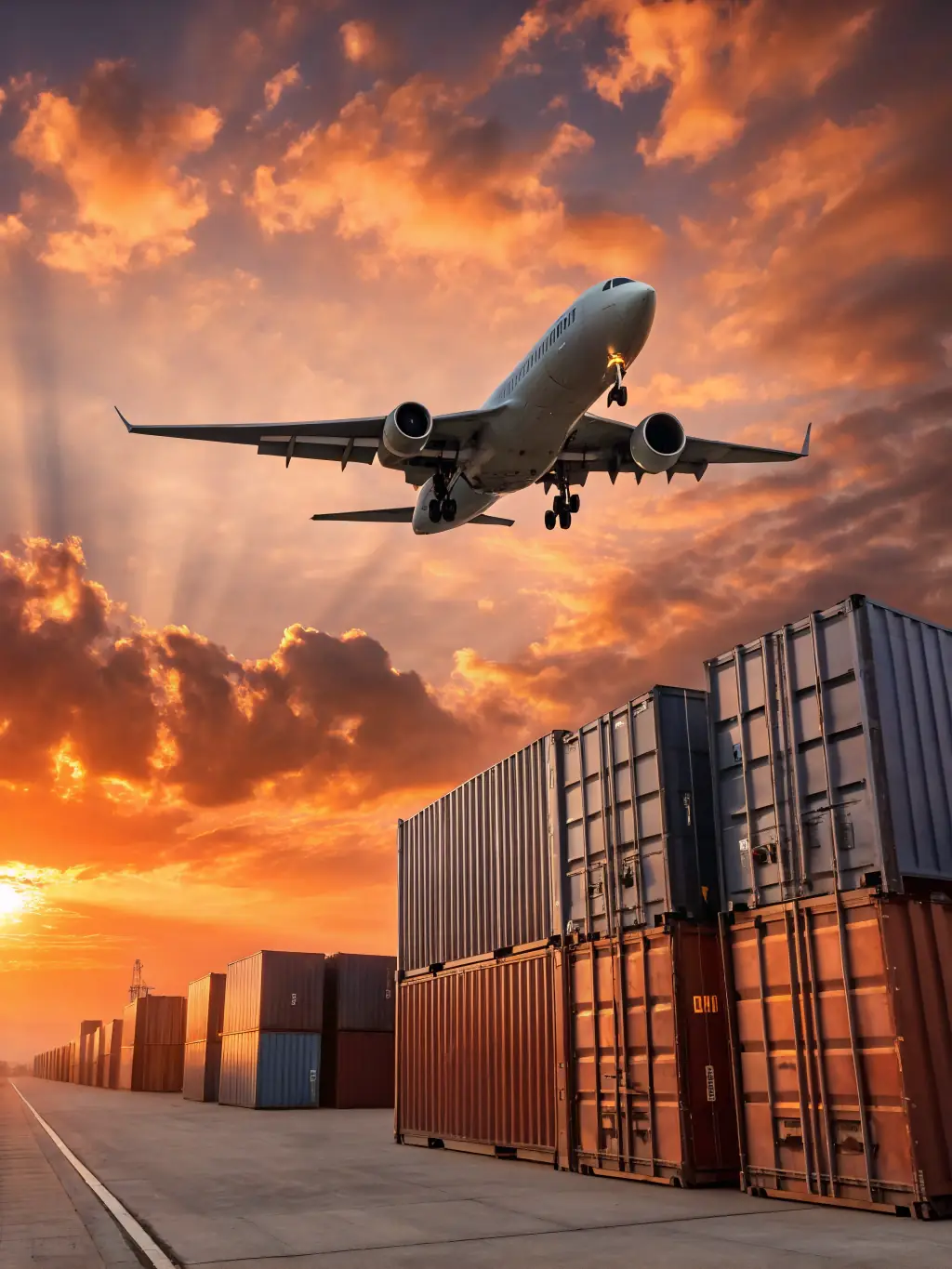 A modern cargo airplane taking off from a runway at dusk, with city lights in the background, representing speed and efficiency in air freight.