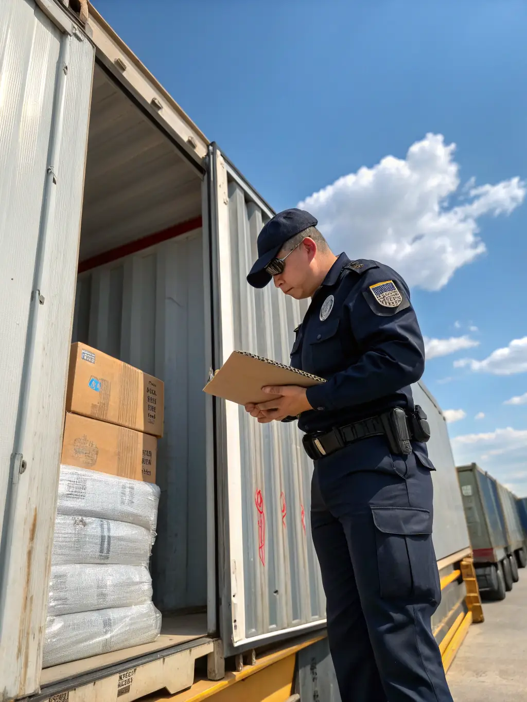 A customs officer inspecting shipping documents with a tablet in a busy port environment, highlighting the importance of compliance.