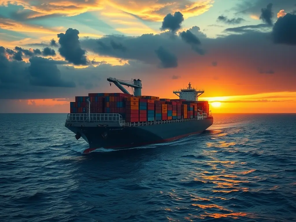 A cargo ship sailing on the ocean, representing international shipping routes and global trade, with containers visible on deck.
