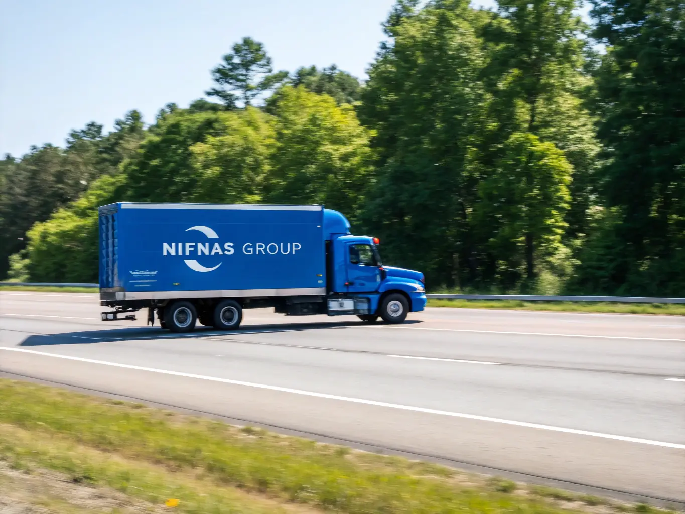 A delivery truck on a highway, representing land transportation and final-mile delivery services within the EU and North America.