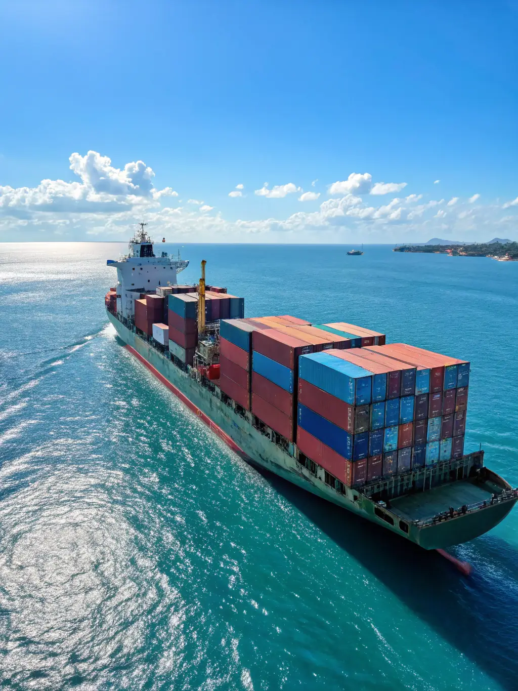 A high-angle shot of a cargo ship sailing on a calm sea at sunset, containers visible on deck, symbolizing global trade and efficient shipping.